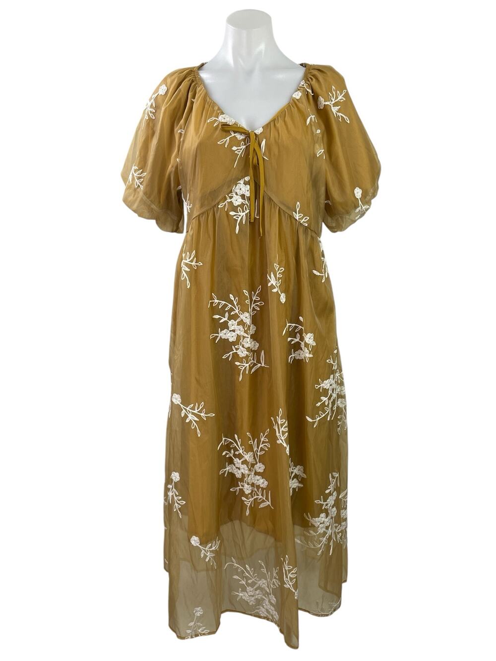Dazy Women Yellow Brown Short Puff Sleeves Floral Casual Peasant Midi Dress M